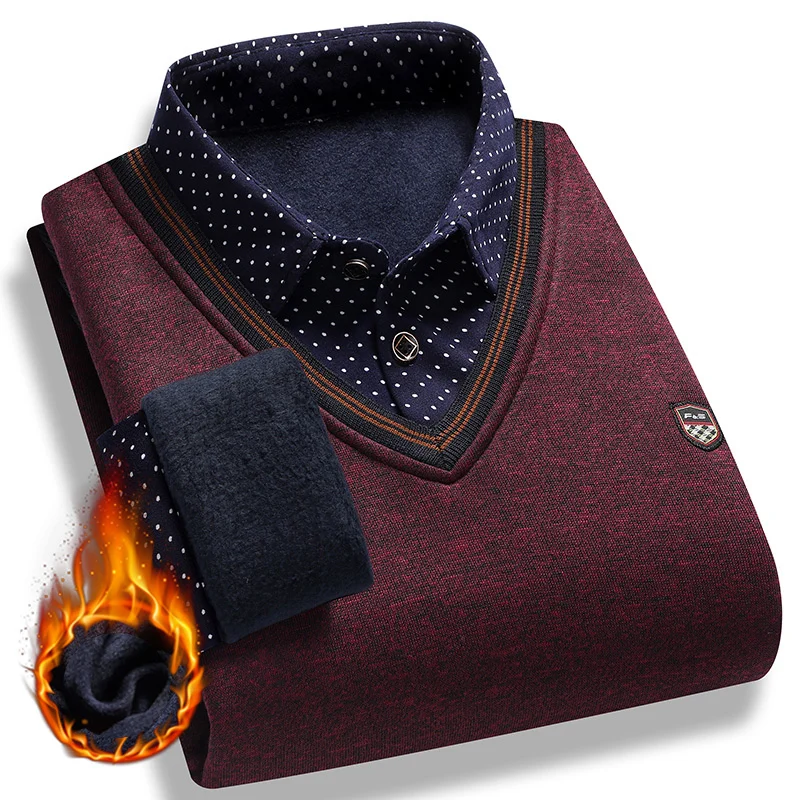 2024 L-4XL Autumn and Winter New Fake Two Piece Sweater Men's Plush Knitted Warm Inner Wear Casual Versatile Pullover Top 5
