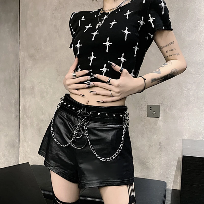 Dark Goth Lady Cross Print O Neck Short Length Skinny T-shirts Female Sexy Gothic Black T Shirt Harajuku Short Sleeve Crop Top