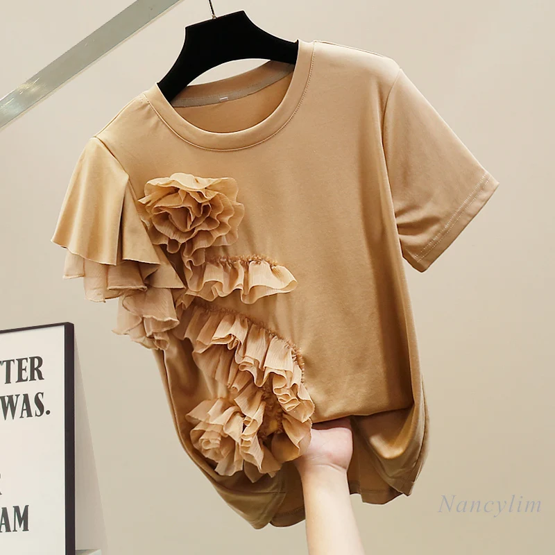 

Fashion Heavy Industry Top Women's New Three-Dimensional Flower Ruffled Round Neck Irregular Short Sleeve T-shirt Top 2024