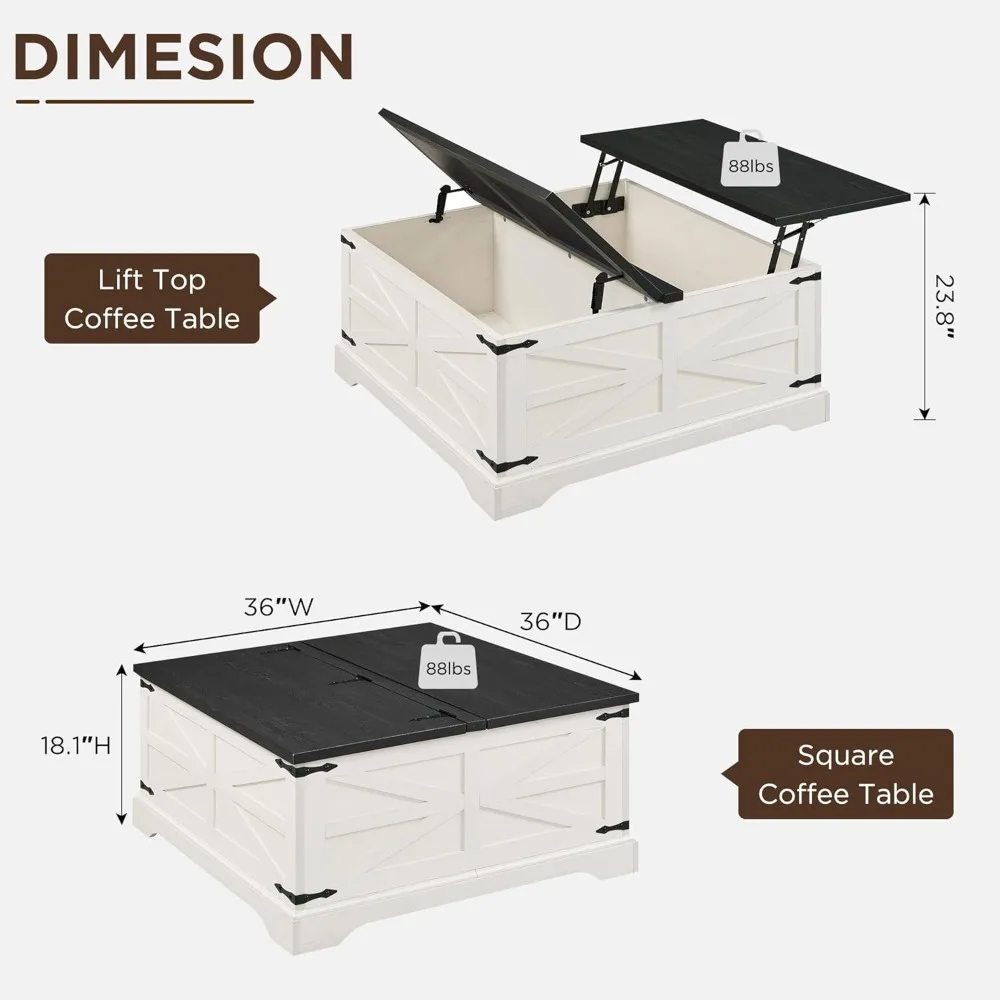 Farmhouse Lift Top Coffee Table with Storage, 36" Wood Square Center Table with Large Hidden Compartment 3