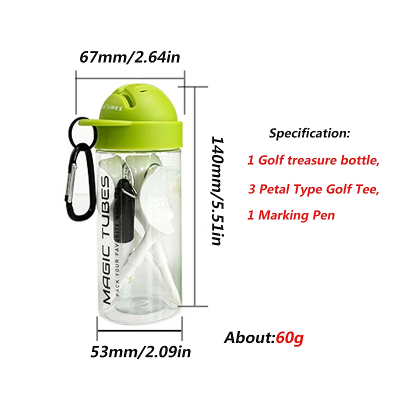Golf treasure bottle 1 Golf Bottle With Hook Plastic Portable Comes With 3 Petal Type Golf Tee And 1 Marking Pen Golf Supplies