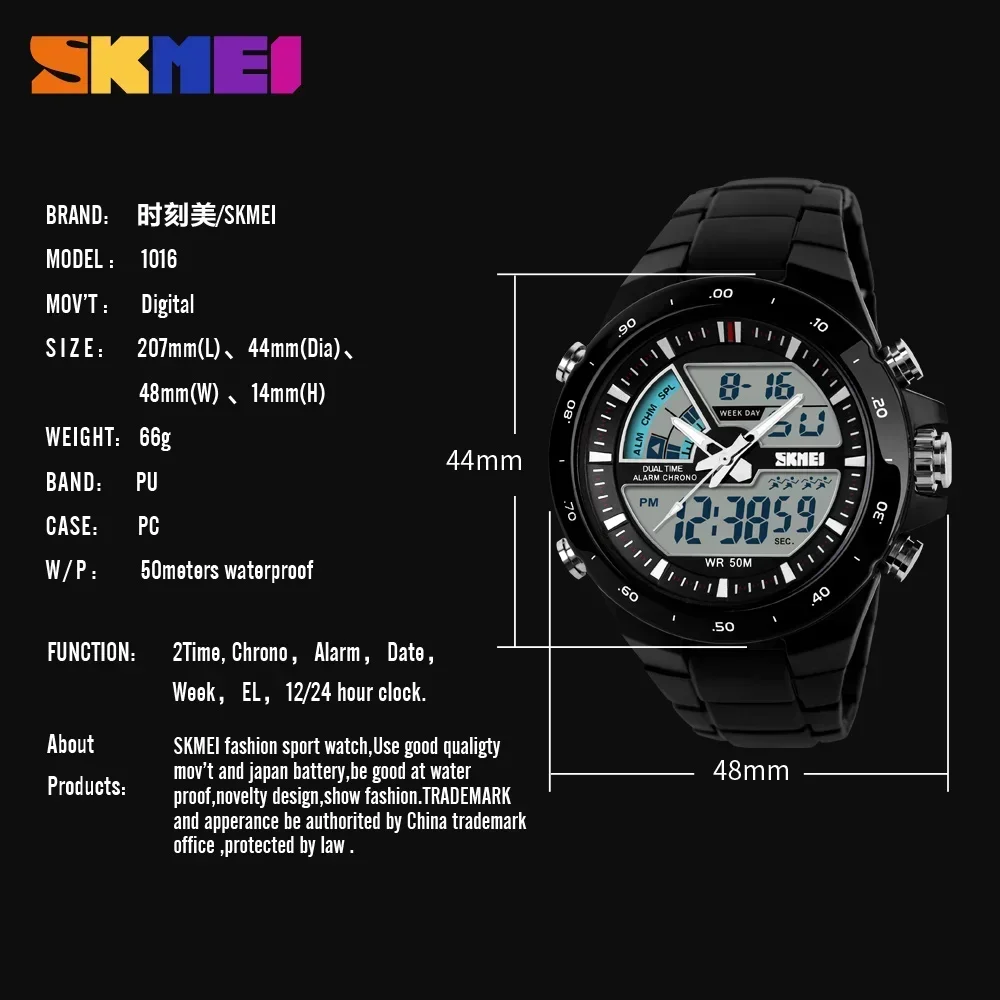 SKMEI 1016 Digital Quartz Watch for Men Stopwatch Dual Time Display Waterproof Sports Wristwatches Mens Clock Relogio Masculino