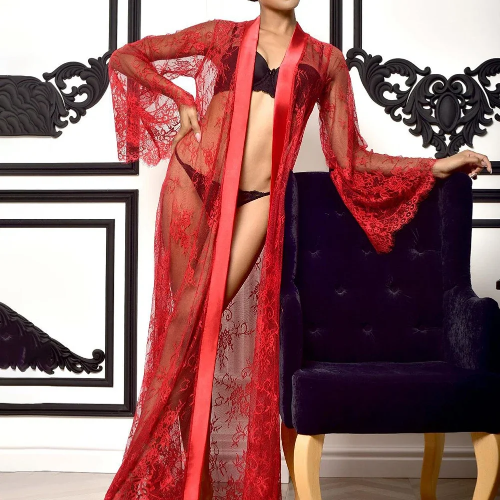 Sexy Womens Lingeries Long Lace Mesh See Through Sleepwear Nightdress Babydolls Nightgown Robes Pajamas Loungewear