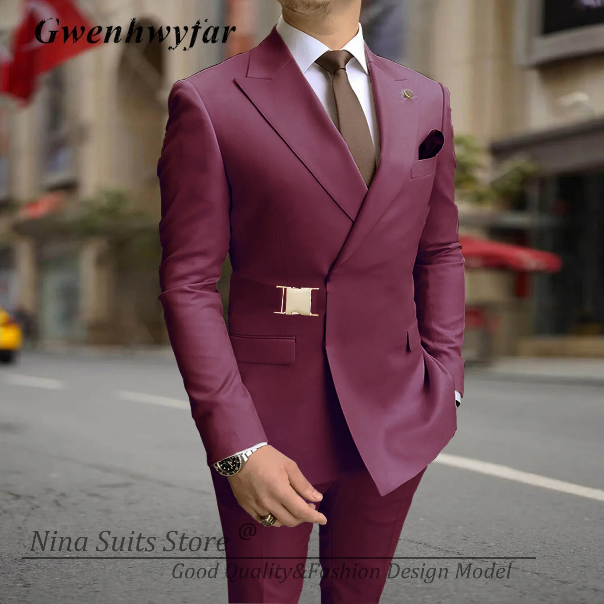 Mens Suits G&N Men Suits with Gold Metal Buckle Lavender Minte Navy Grey White Black 20 Colors Men's Casual Blazer Pants Set Handmade