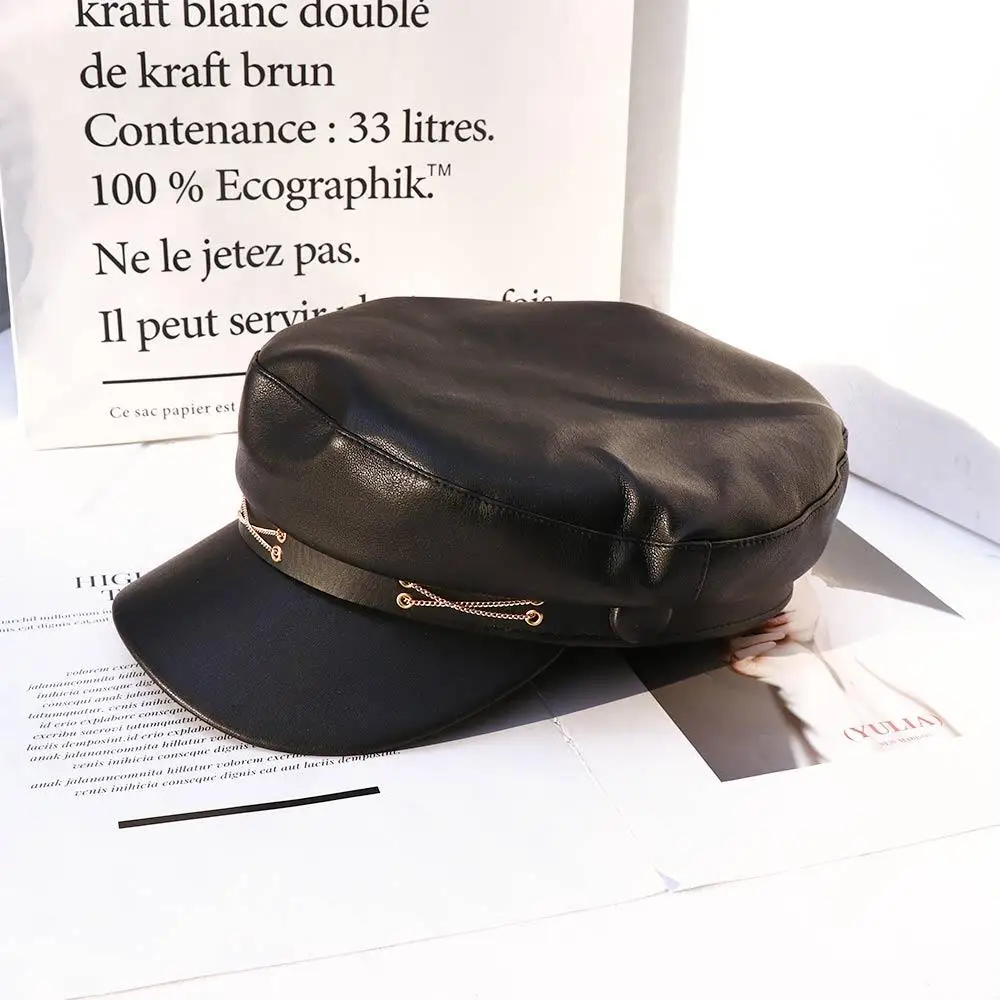 

Милые ретро-береты из искусственной кожи на цепочке в британском стиле на осень и зиму, береты художника, тёмно-синяя шапка, восьмиугольная шапка в Корейском стиле