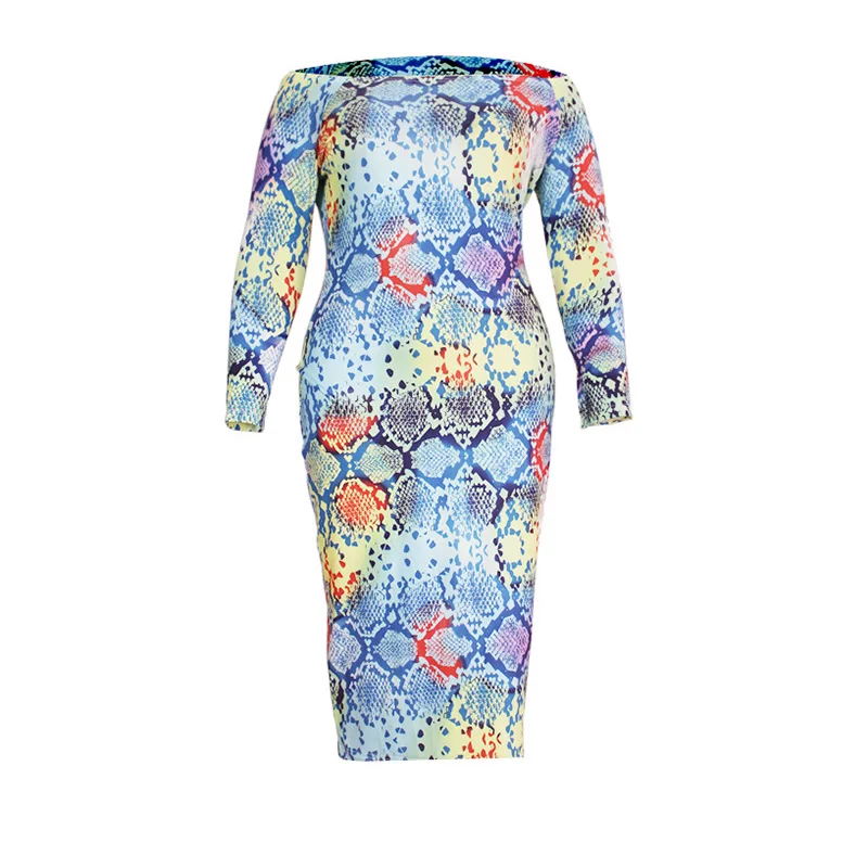 Sexy One Word Collar Multicolor Printing Long Sleeve Autumn Female Clothing Elegant Plus Size Bag Hip Mid-CaIf Pencil Dresses