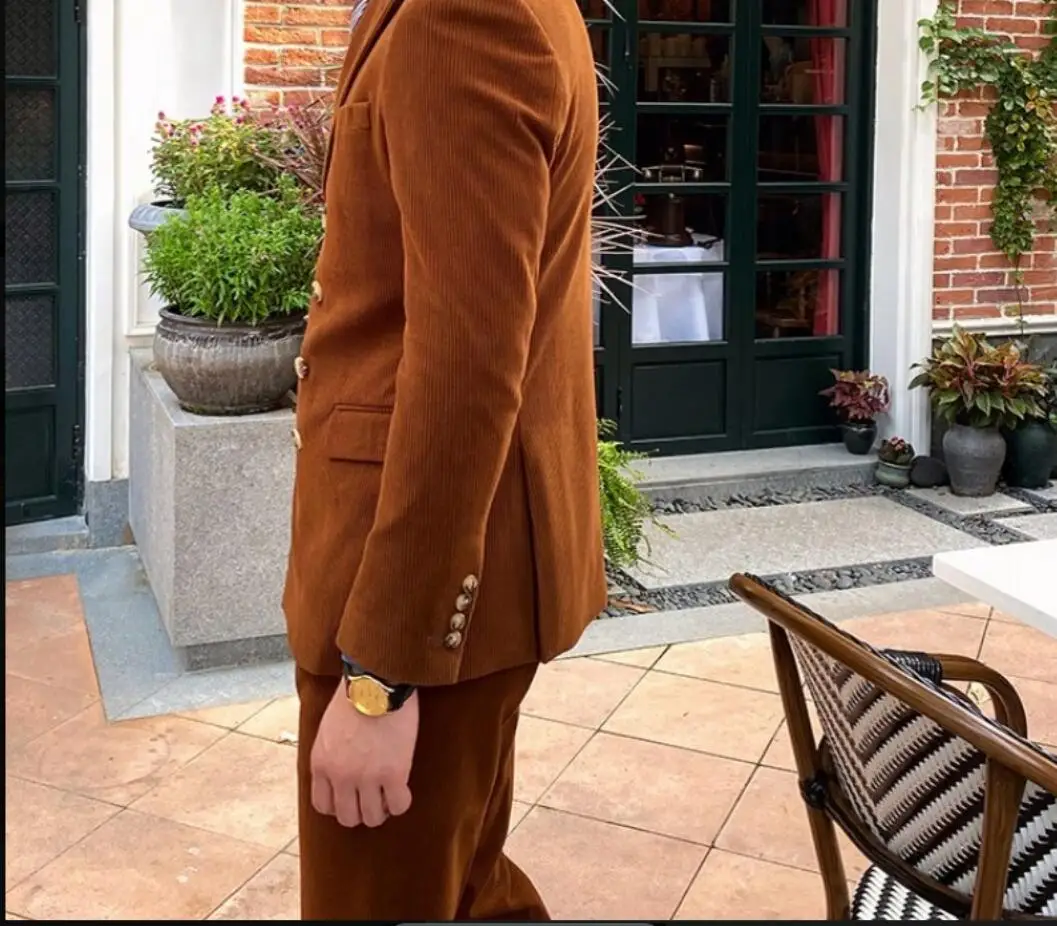 Classic Corduroy Men‘s Wedding Suit Peak Lapel Solid Color Groom Wear Double Breasted Tuxedos 2 Pieces  Jacket Pants Custom Made