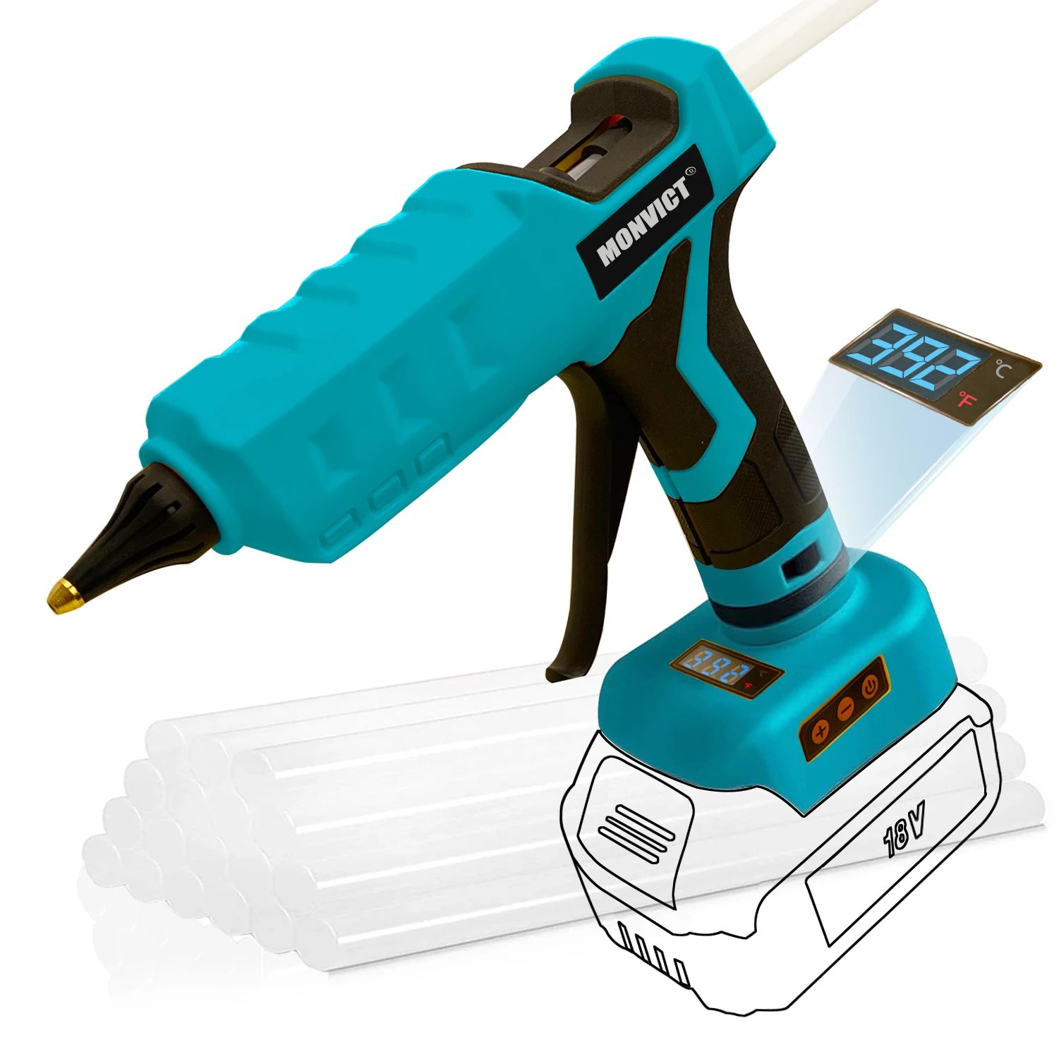 Cordless Glue Gun Hot Glue Gun 100W Cordless Glue Gun for Makita 20V Battery Digital Temperature Adjustable with 10 Glue Sticks