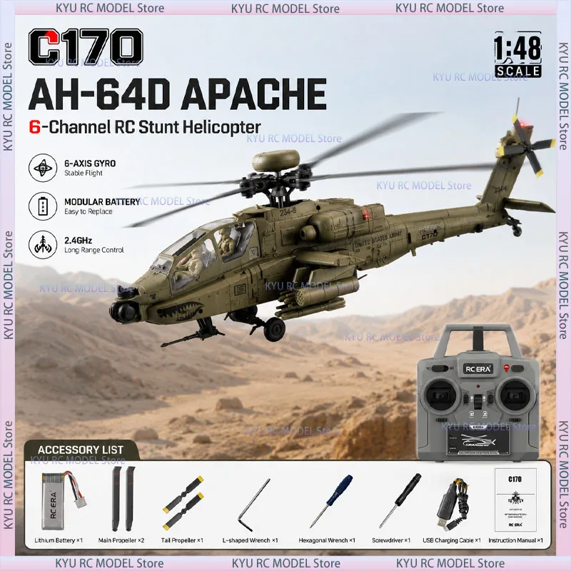 RC ERA C170 AH-64D Apache 1:48 RC Helicopter 6CH Flybarless Single Rotor Aircraft 6-Axis Gyro RTR for Beginners