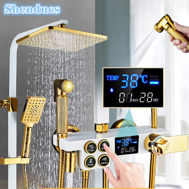 สีขาวทอง Thermostatic ระบบชุดทองเหลืองคุณภาพร้อนเย็นห้องน้ํา Mixer ก๊อกน้ํา Rain Shower Head ชุดฝักบัวดิจิตอล 1