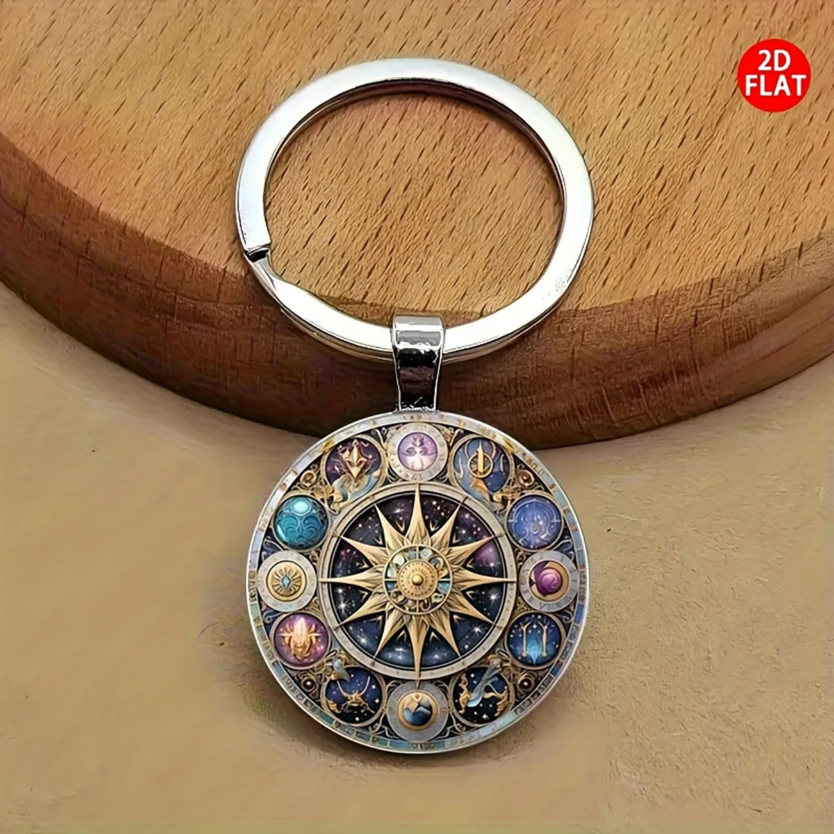 Celestial Harmony Metallic Keychain - Sun, Moon & Stars with Zodiac Signs