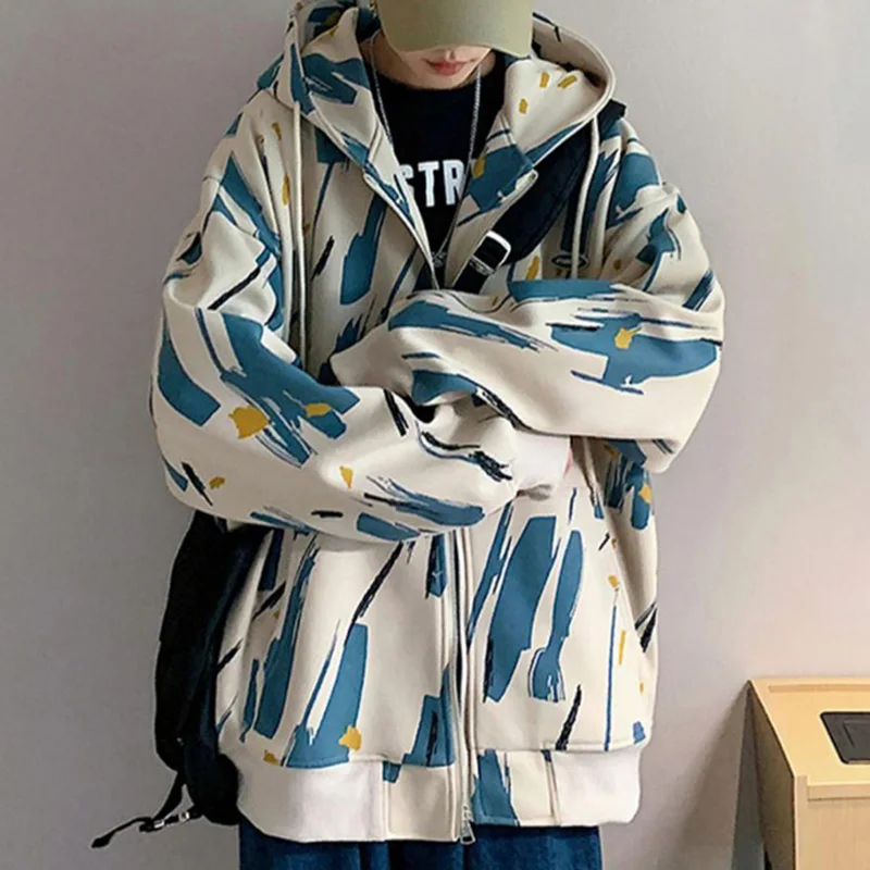 Fashion Hooded Zipper Spliced Pockets Loose Printed Coats Men's Clothing 2023 Autumn New Oversized Casual Tops All-match Jackets