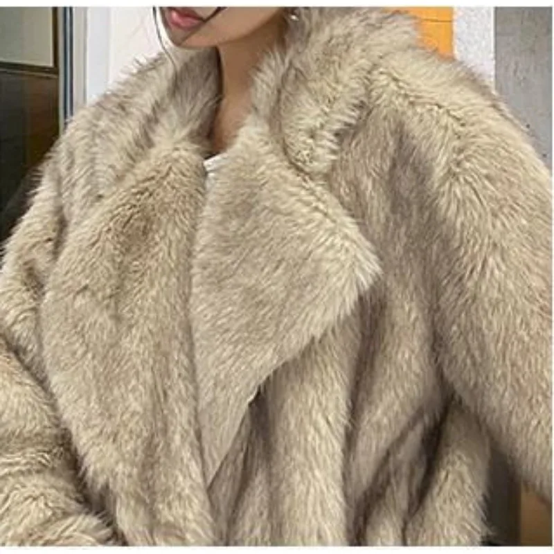 2023 Autumn Winter New Long Temperament Large Lapel Loose Leisure Alf Open Collar Plush Warm Imitation Fox Fur Coat Women