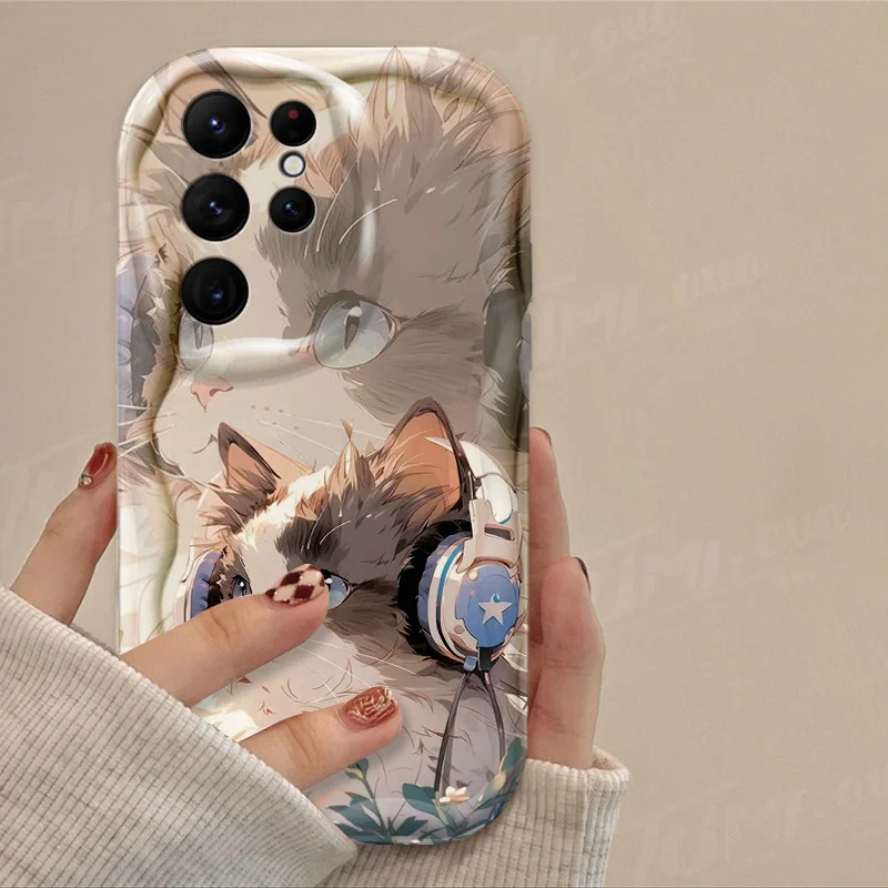 Lovely Music Cat 3D Wave Case For Samsung Galaxy S24 Ultra S23 S22 Plus S21 S20 FE A25 A55 A35 5G Shockproof Silicone Back Cover_voghion.com