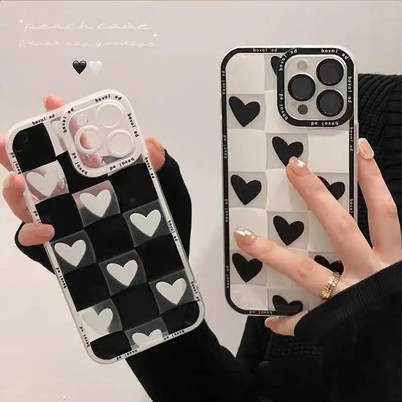 Nero Bianco Love Heat Plaid Case Per Iphone 11 Pro Max 13 14 15 12 Mini 6S 6 7 8 Plus X Xs Xr Cover Silicone Trasparente Funda