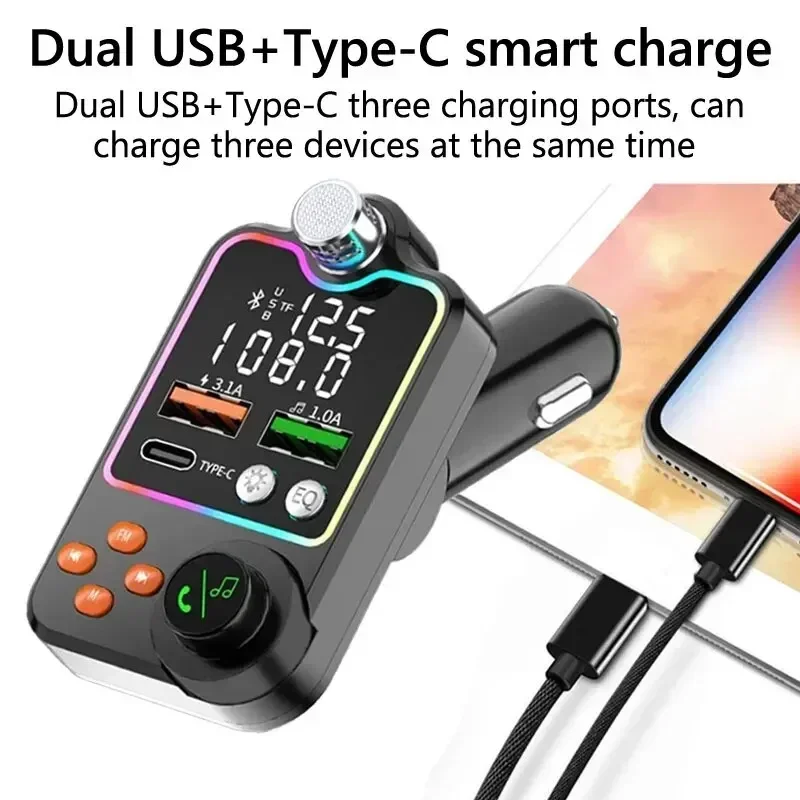 Dual USB Type C Quick Charge Bluetooth 5.0 Car Fast Charger Hands-free Call Kit FM Transmitter MP3 Player Car Cigarette Lighter