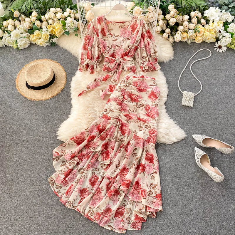 Bohemian Ruffled Print Waistcoat And Chiffon Shirt Two Pieces Set Flare Sleeve main image 0