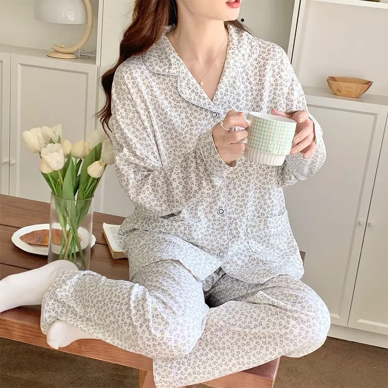 Women's Pajamas Long-Sleeved Trousers Thin Sweet Spring Autumn New Sleepwear Set Female Cardigan Large Size Homewear Suit 2024