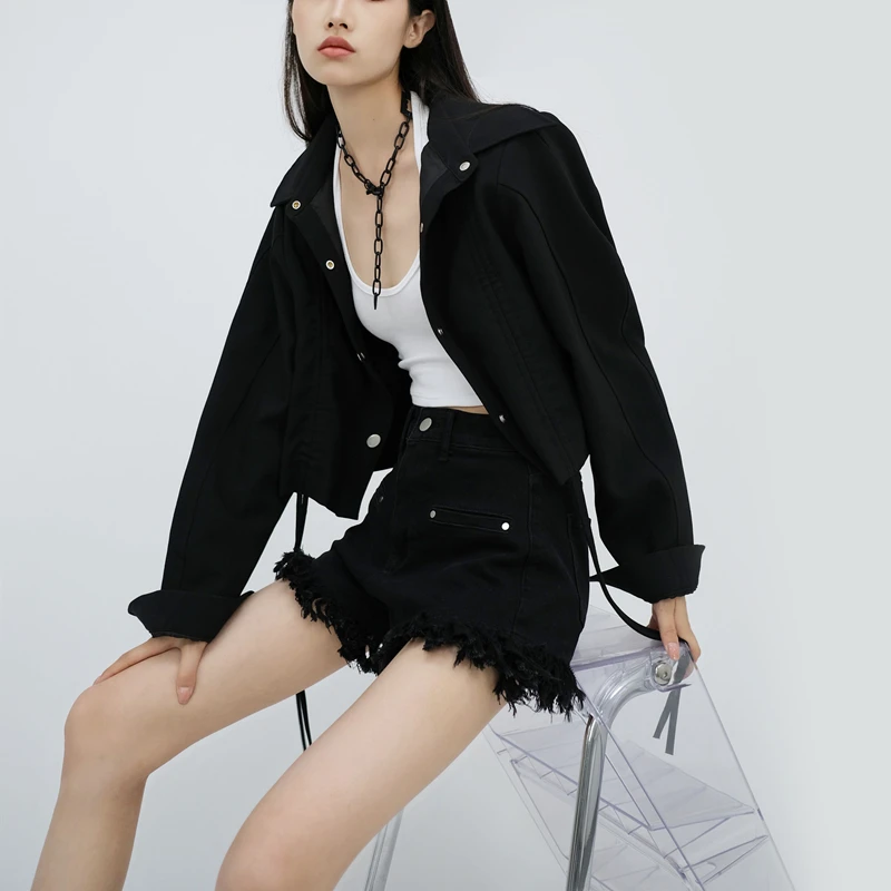 High Waist Elastic Denim Shorts Spicy Girls Slim A-line Ragged Fringe Denim Ultra Short Hot Pants Women Fashion Summer New Style