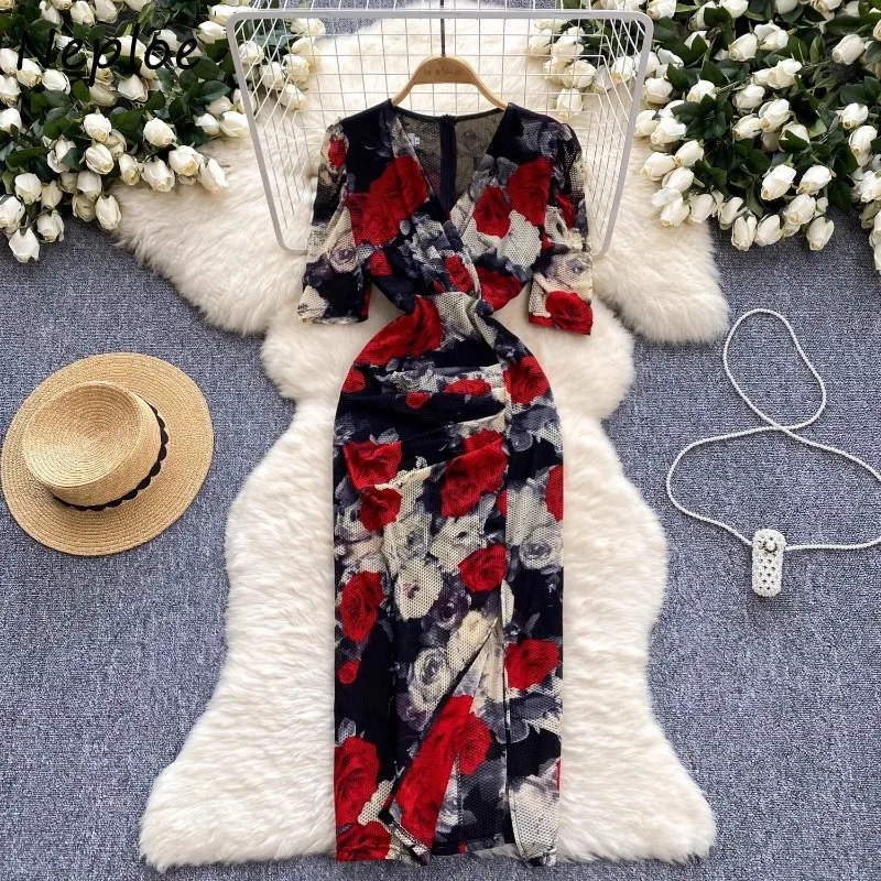 Neploe Fashion V-neck Flower Print Dresses Y2k Slim Waist Bodycon Split Dress for Women 2025 Summer New Short Sleeve Vestidos