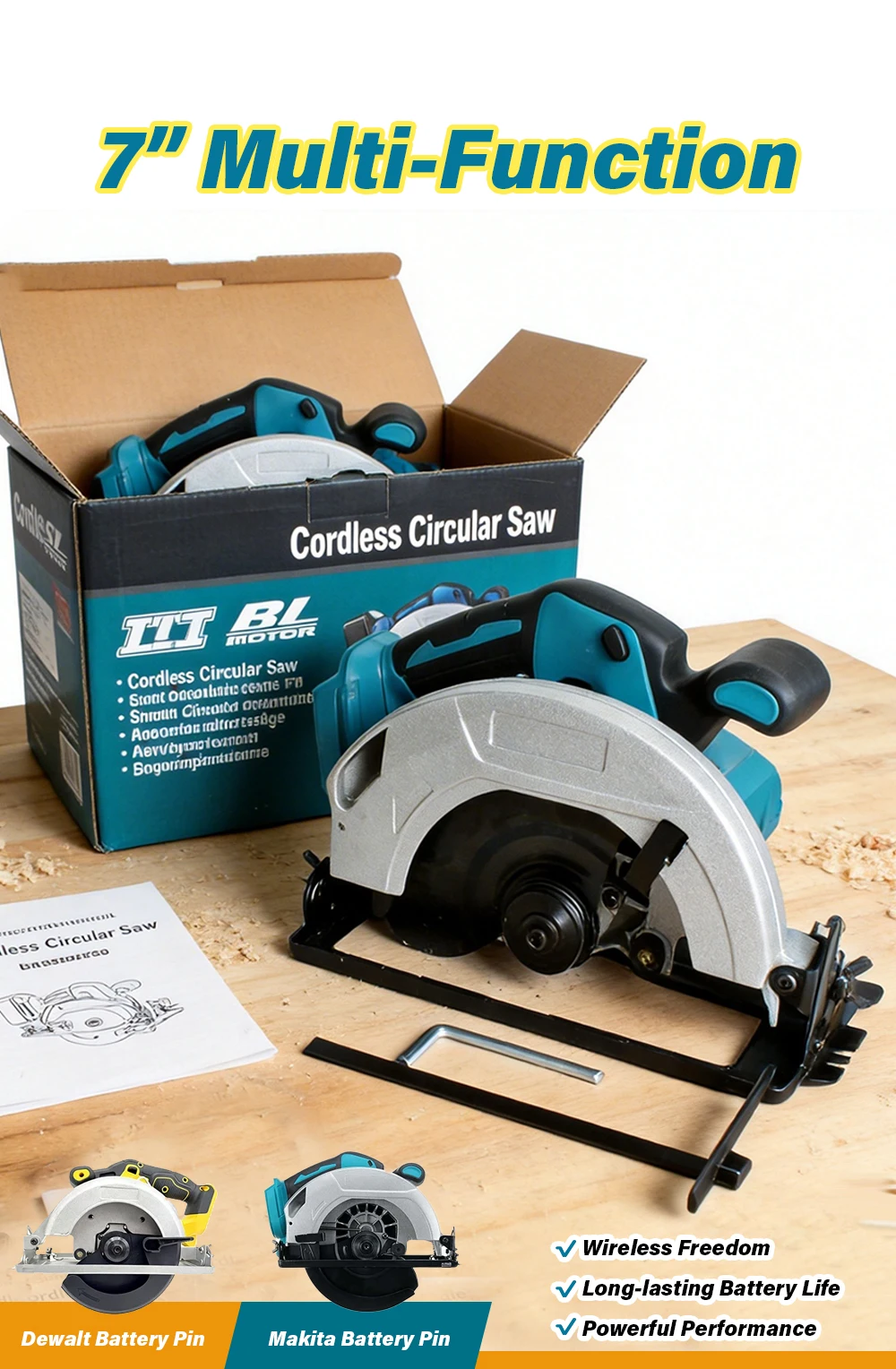 180mm Brushless Electric Circular Saw 0-45° Bevel Cutting Handheld Woodworking S