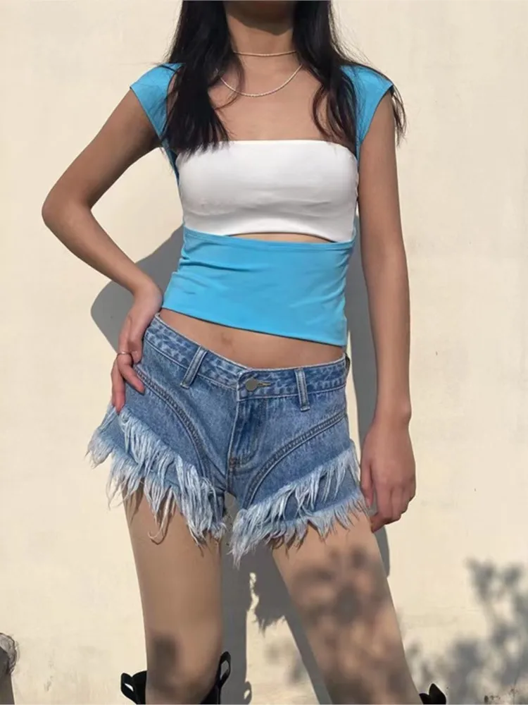 

Sexy Tight Sleeveless Short T Shirt Women Front And Rear Wearable Solid Color Y2k Tops Tees 2024 Summer Streetwear T Shirts Lady