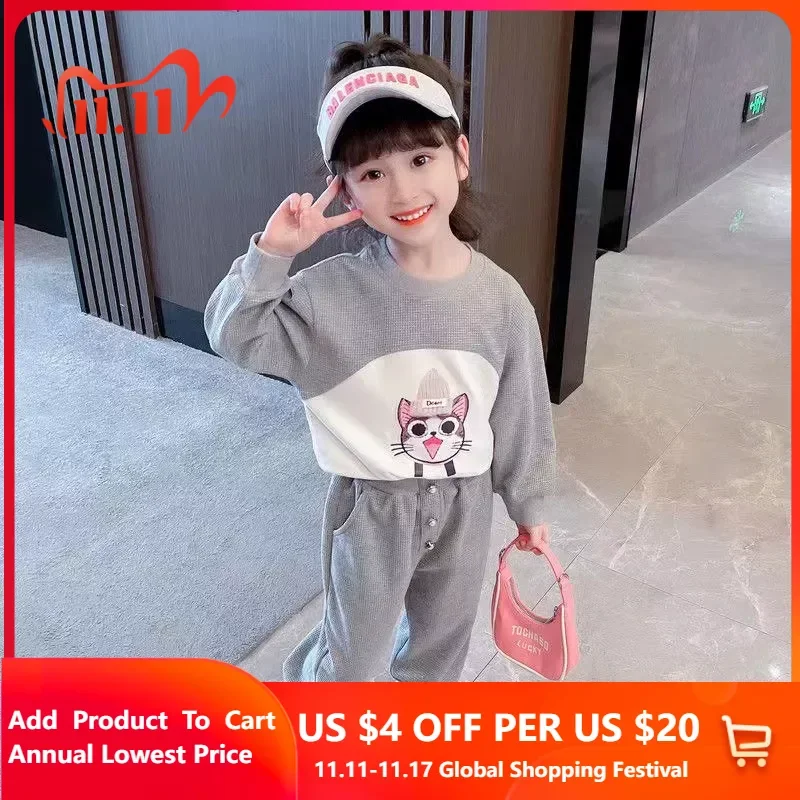 

Girls Sweatshirt Set Clothing Children Fashion Splicing Cute Cartoon Tops Casual Pants 2 Pieces Infant Homewear