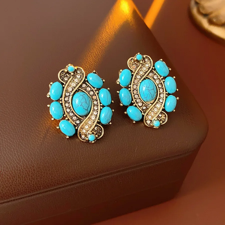 1/2 Pcs Vintage Cross Blue Oval Pendant Neckalces for Women Mediaeval High-End Dangle Earrings Statement Banquet Jewelry Sets N 3