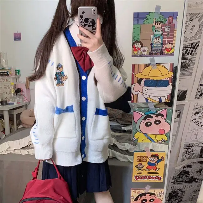 홍콩 스타일 레트로 레이지 베어 자수 대비 컬러 포켓 스웨터, 한국 버전, 여성 가을 겨울 니트 가디건