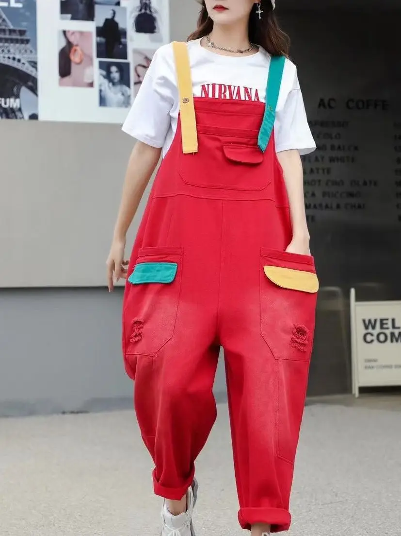 

New Retro Personality High-waisted Loose-fitting Denim Suspenders Overalls Women's Contrast Casual Streetwear One-piece Trousers