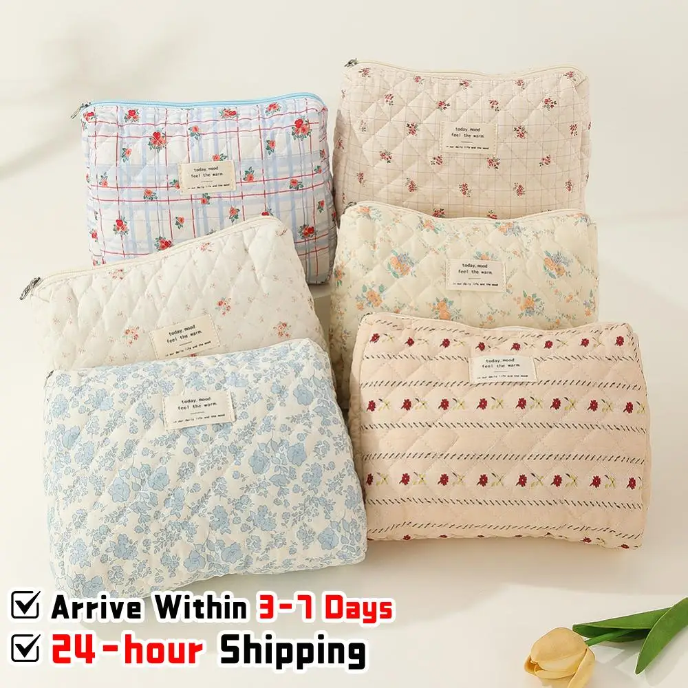 3Pcs Floral Cosmetic Bag Printed Women Quilted Cosmetic Pouch Large Capacity Zipper Closure Girls Cotton Storage Bag Set