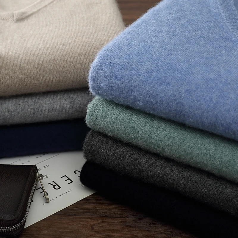 Autumn/Winter New Men's 100% Cashmere Pullover Business Casual Solid Knitted Sweater Loose V-neck Tops Basic Thick Warm Jumper - Image 3