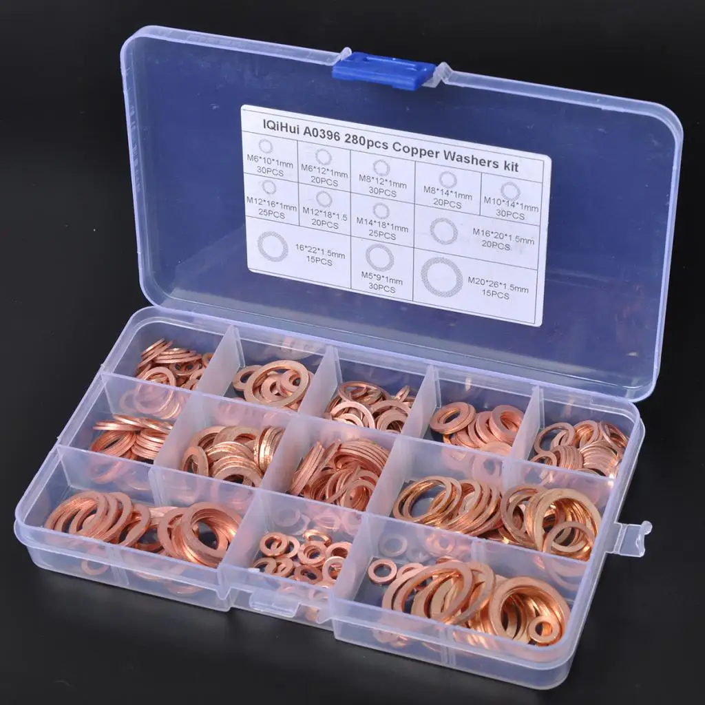 280pcs Copper Washer Gaskets Assortment Kits Flat for Oil Brake
