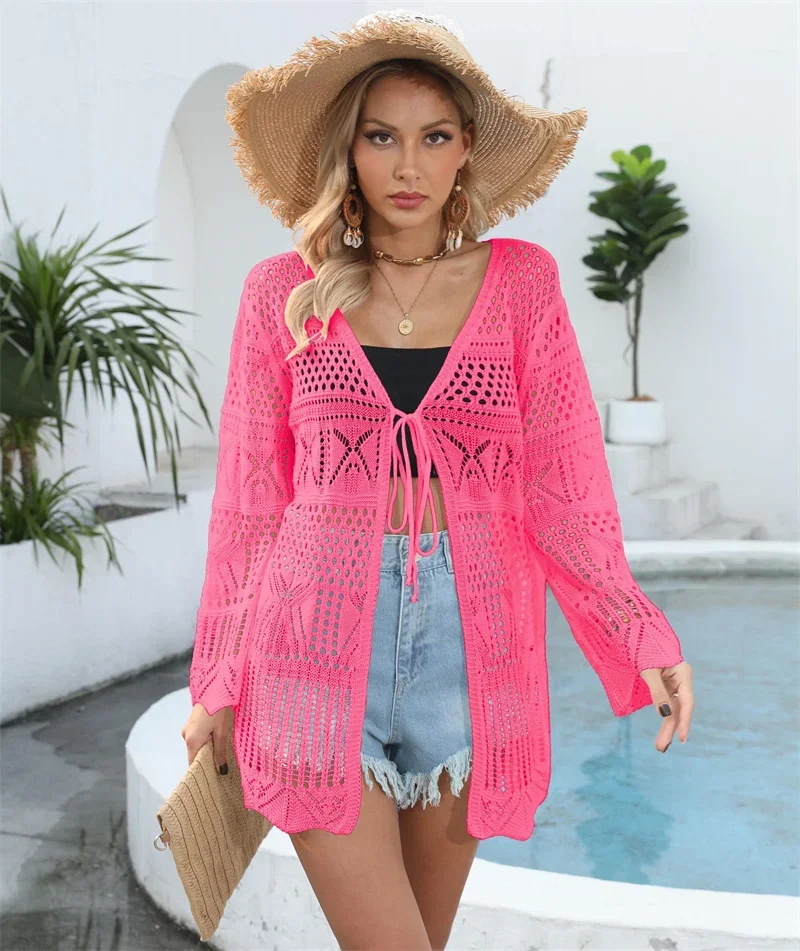 Women Cardigan Lace-up Long Sleeve Sun Protection Coverall Solid Color Hollow Out See-through Bikini Cover-ups Beach Blouse 2024