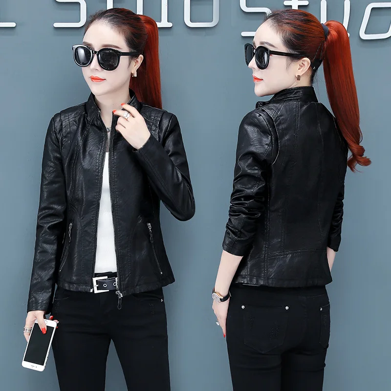 Women's Autumn and Winter New Fashion Slim Round Neck Short Motorcycle Clothing Large Size Korean PU Leather Jacket |