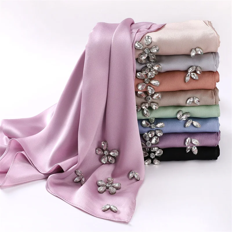 2023 Luxury Stitch Diamond Floral Bubble Chiffon Instant Hijab Scialli Lady High Quality Wrap Beach Bufandas Ramadan Muslim Sjaal