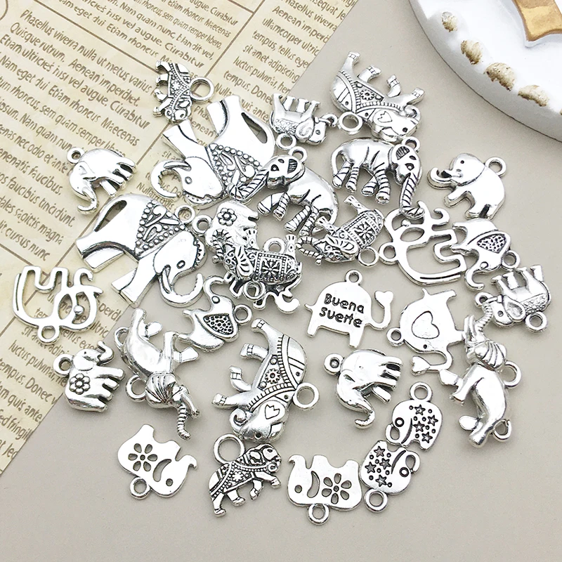 

30pcs/lot 15 Styles Antique Silvery Alloy Elephant Charms Pendants For DIY Necklace Bracelets Jewelry Making