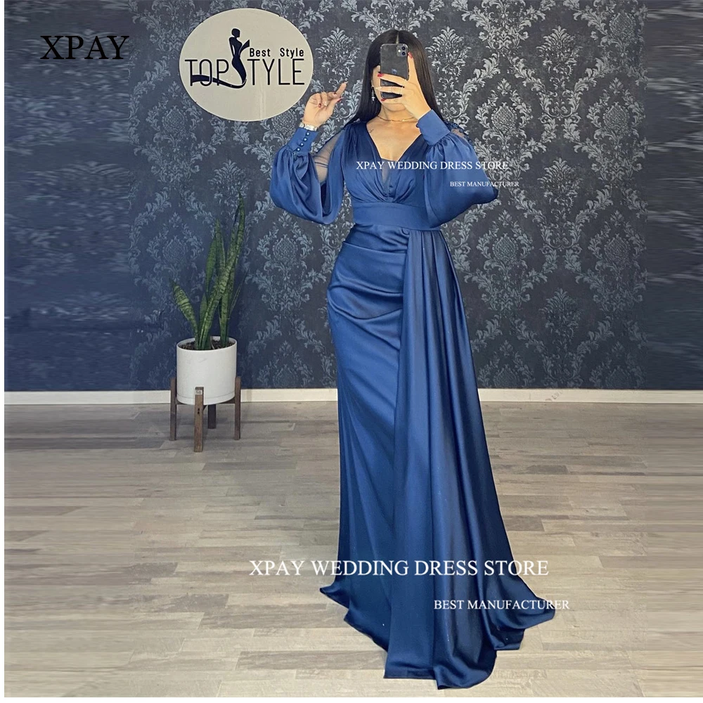 

XPAY Modest Dusty Blue Mermaid Evening Dresses Puff Long Sleeves Satin V Neck Mother Formal prom Occasion Dress Wedding Party