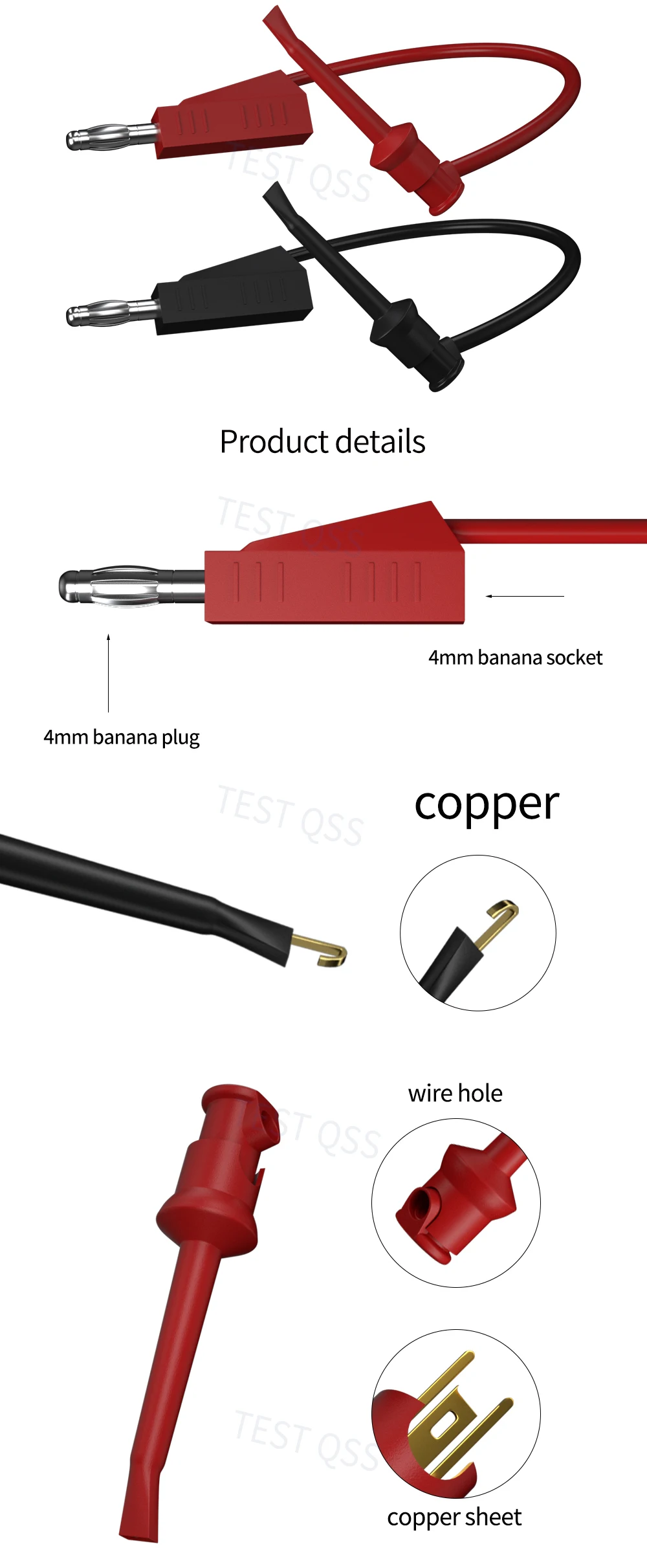 QSS 2PCS 4MM Stapelbarer Bananenstecker zum Testen Clip Messleitung Rot Schwarz 1M Elektrowerkzeuge Zubehör – Detail 2