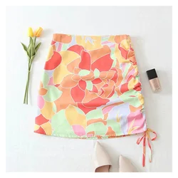 2022NEW Women Colorful Flower Print High Waist Fashion Summer A-Line Mini Skirts Girls Elegant Side Drawstring Lace Up Chic