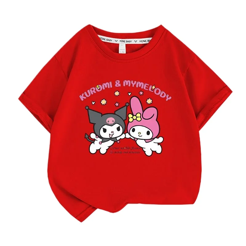 Sanrio 베스트셀러 귀여운 쿠로미 프린트 100% 코튼 아동 티셔츠 여름 데일리 야외 스포츠 캐주얼 루즈 스트리트 반팔