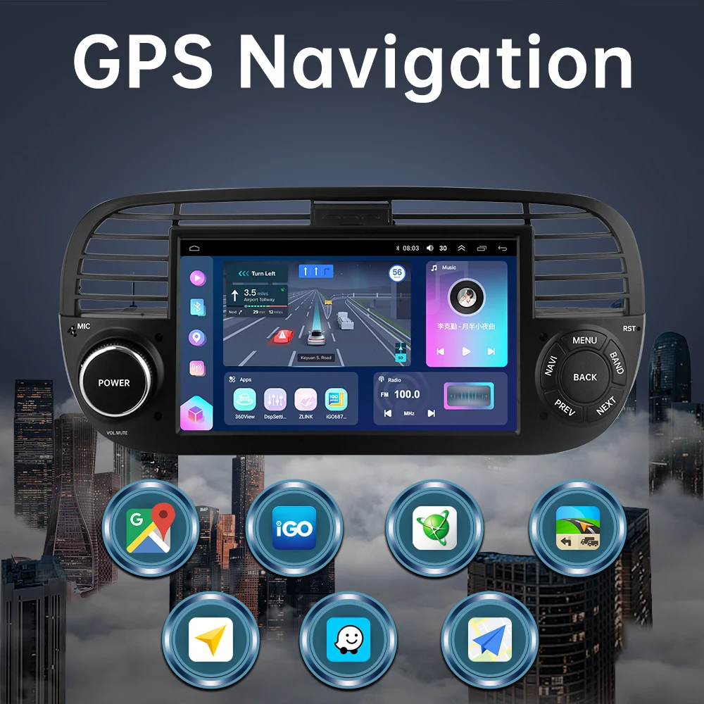 안드로이드 자동 자동차 라디오 GPS 네비게이션 멀티미디어 플레이어, 피아트 500 500c 2007-2015 2008 2009 2010 2011 2012 카플레이, 화이트 블랙