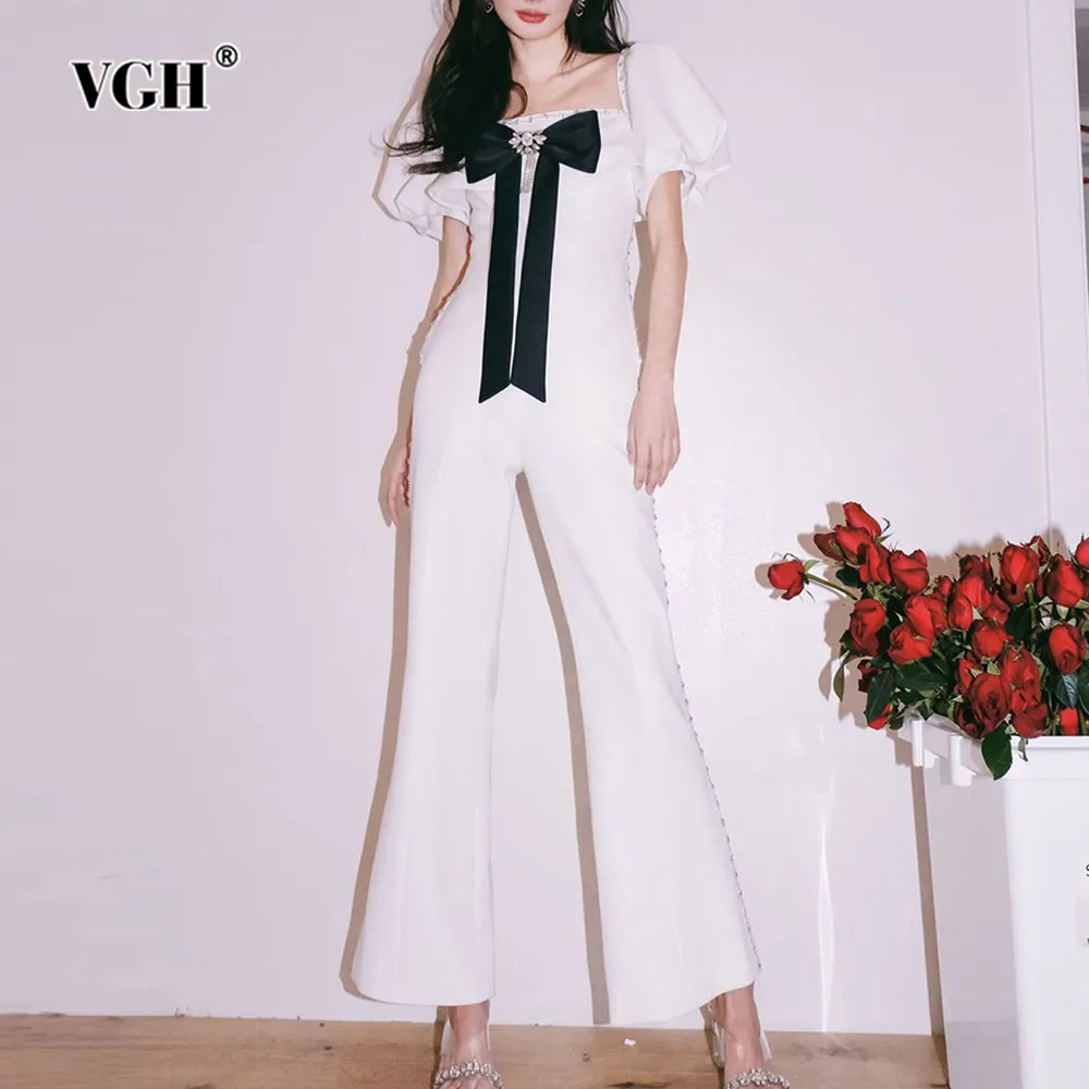 

VGH Hit Color Patchwork Bowknot Slimming Jumpsuit For Women Square Collar Puff Sleeve Backless High Waist Elegant Dresses Female