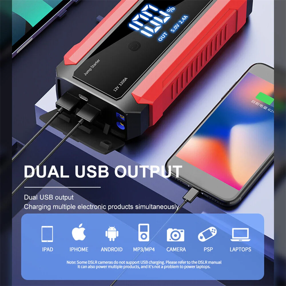 30000mAh Car Jump Starter 1200A 12V Portable Emergency Start-up Charger For Cars Booster Battery Starting Device With LED Light