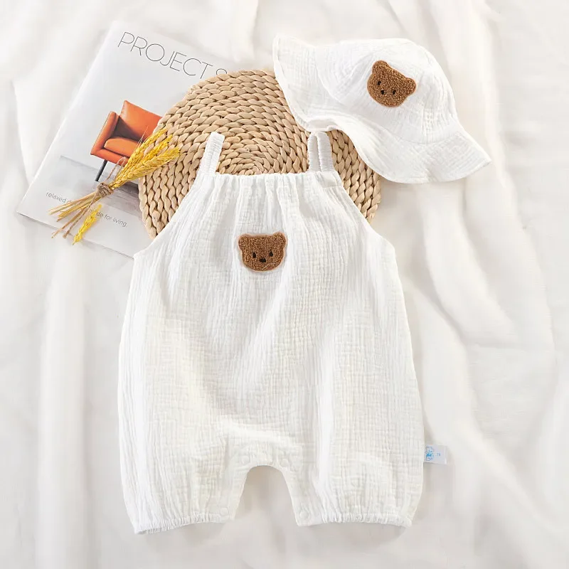 Neonato estate sottile tuta ragazze senza maniche bretelle pagliaccetto vestito ragazzi carino ricamo cartone animato pigiama + cappello 2 pezzi Set - immagine 2
