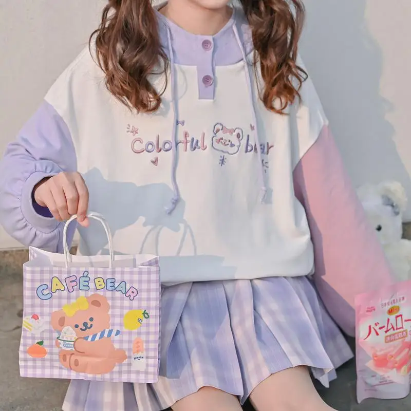 Kawaii Bear Plush Toys Hooded Sweatshirts 2024 Autumn Long Sleeve Top Sweet Girls Clothes Patchwork Hoodies Femme Harajuku Kpop