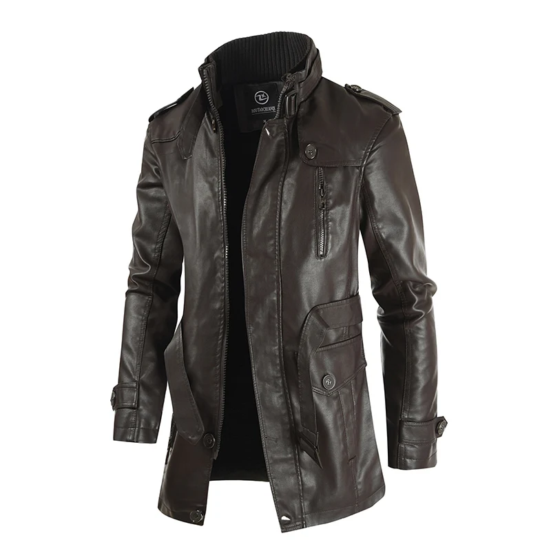 New Men's Mid-length Leather Jacket With Stand-up Collar Plus