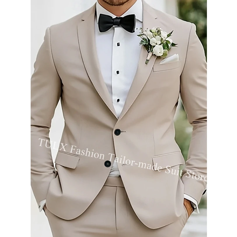 Men's Wedding Party Suits Beige Groomsmen Tuxedos Fashion Business Standard Fit 2 Pieces Suits Blazer Pants Costume Homme