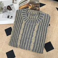 Thiened Stripe Knitted Sweater round Ne Pullover for Men Retro Twist Mixed Color Stripes Warm Winter Autumn Clothing