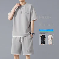 Waffle Summer Oversized Casual Short Sleeved Trendy Set For Men Breathable And Versatile Handsome And Loose.jpg